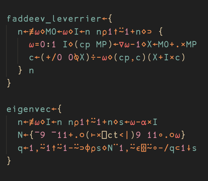 Implementing the Faddeev-LeVerrier algorithm in APL