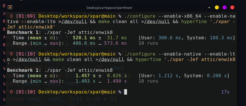 Alacritty screenshot showing 4x speedup with the assembly unit enabled.